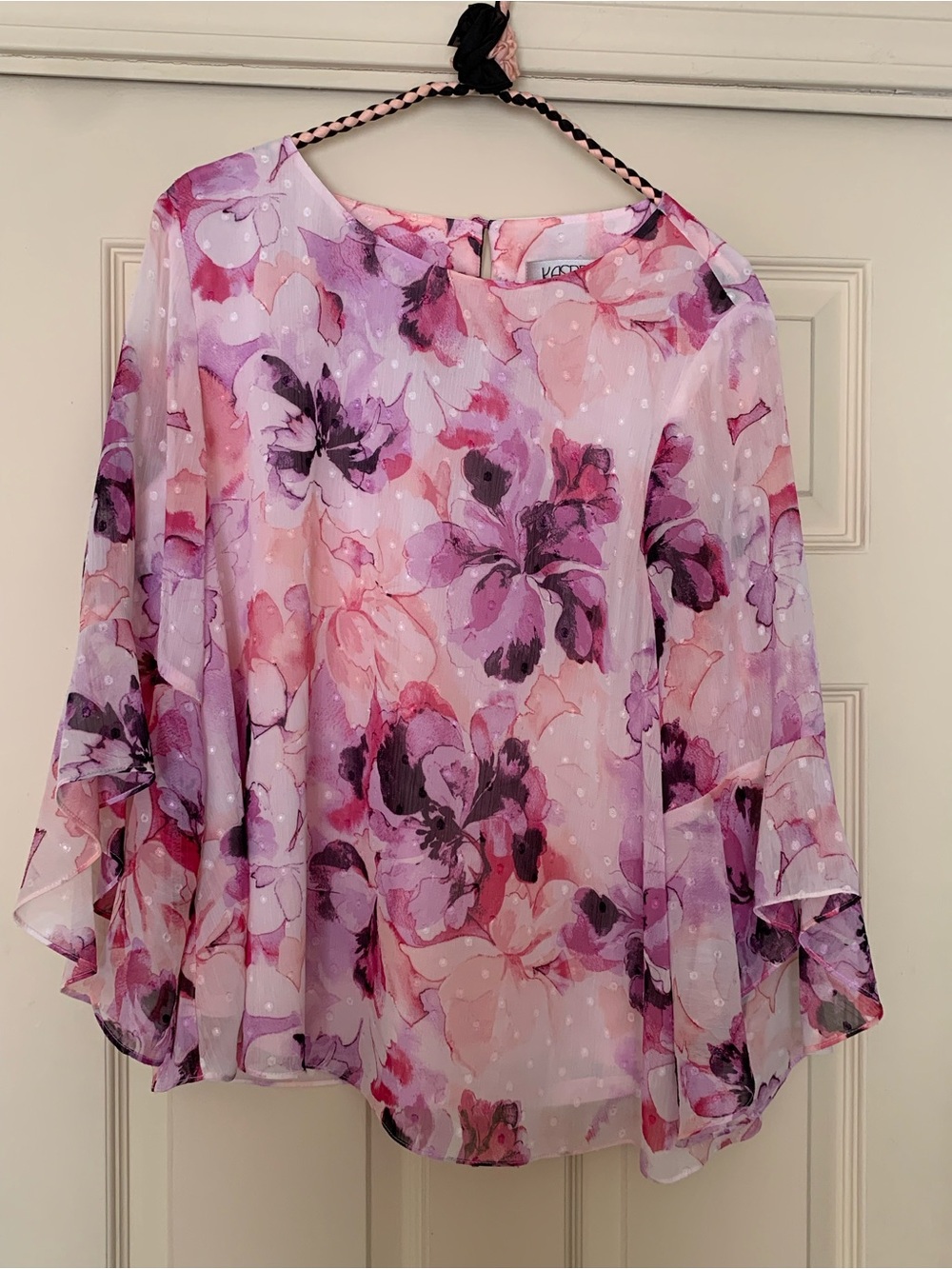Kasper Floral Clip Dot Bell Sleeve Blouse L Pink Chiffon Keyhole Top